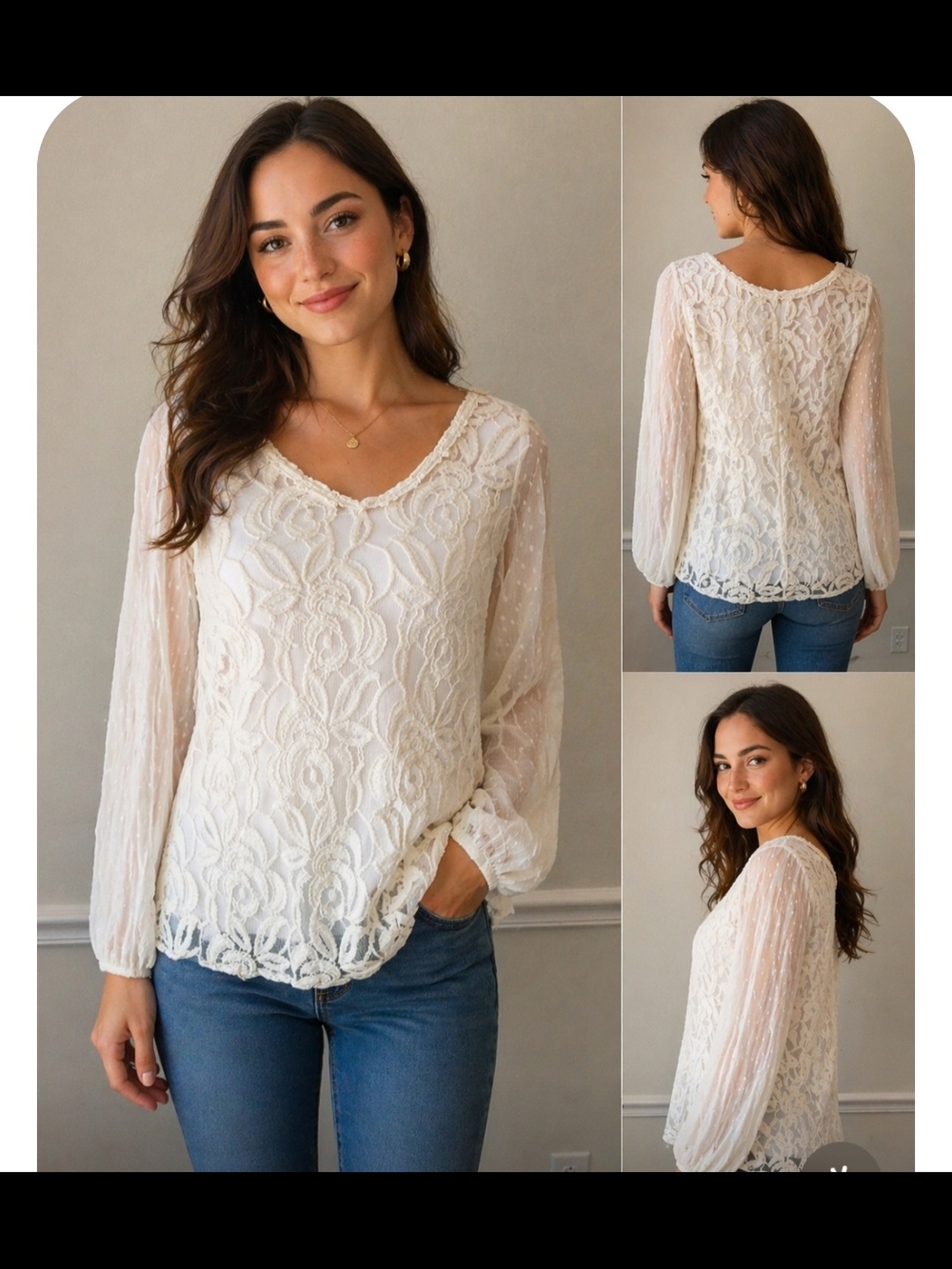 Lucky Brand Cream Lace V-Neck Blouse with Sheer Long Sleeves